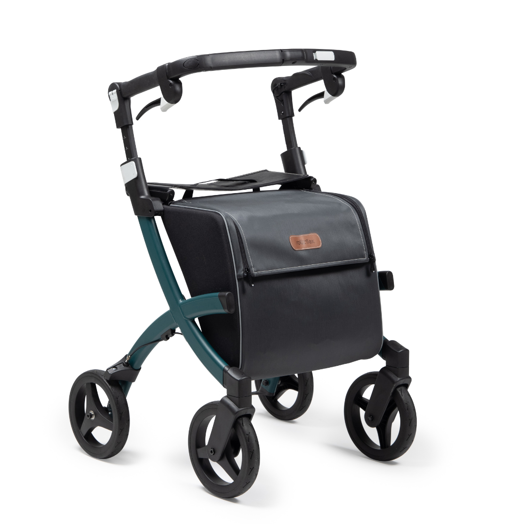 The Rollz FLEX 2 is a sleek, lightweight rollator walker featuring a teal frame, four black wheels, dual handlebars with brakes, and a spacious XL shopping bag with a brown label—offering style and practicality in its compact design.